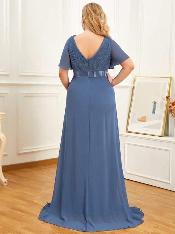 Ruched Bodice Flowy Chiffon Floor-Length Maternity Dress with Sleeves - Dusty Navy