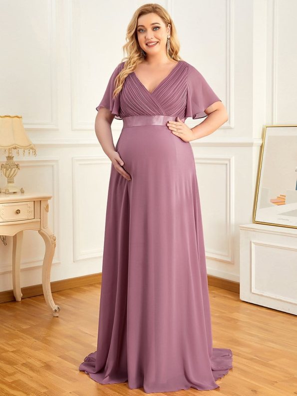 Plus Size Ruffle Sleeve Floor-Length Formal Maternity Dress - Purple Orchid