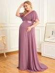 Plus Size Ruffle Sleeve Floor-Length Formal Maternity Dress – Purple Orchid