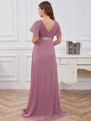 Ruched Bodice Flowy Chiffon Floor-Length Maternity Dress with Sleeves - Purple Orchid