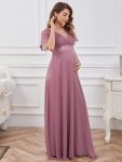 Ruched Bodice Flowy Chiffon Floor-Length Maternity Dress with Sleeves – Purple Orchid