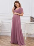 Ruched Bodice Flowy Chiffon Floor-Length Maternity Dress with Sleeves – Purple Orchid