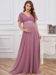 Ruched Bodice Flowy Chiffon Floor-Length Maternity Dress with Sleeves – Purple Orchid