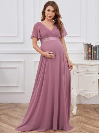 Ruched Bodice Flowy Chiffon Floor-Length Maternity Dress with Sleeves - Purple Orchid