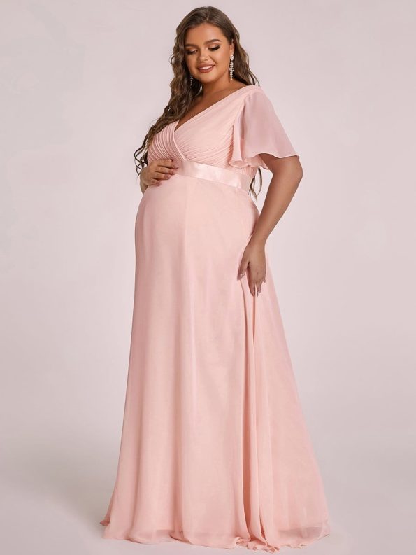 Plus Size Ruffle Sleeve Floor-Length Formal Maternity Dress - Pink