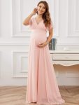 Ruched Bodice Flowy Chiffon Floor-Length Maternity Dress with Sleeves – Pink