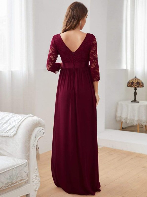 Sweetheart 3/4 Sleeve Floor-Length Lace Maternity Dress - Burgundy