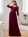 Sweetheart 3/4 Sleeve Floor-Length Lace Maternity Dress – Burgundy