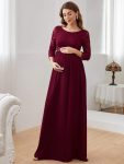 Sweetheart 3/4 Sleeve Floor-Length Lace Maternity Dress – Burgundy