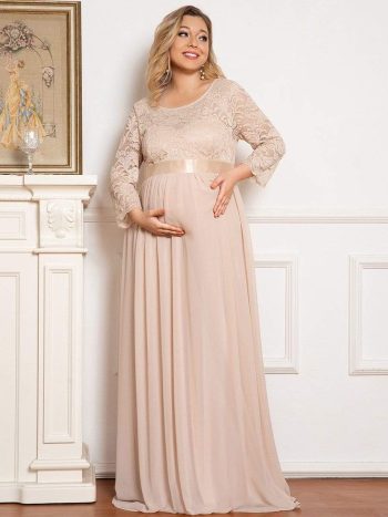 Plus Size Long Lace Sleeve Maternity Formal Dresses - Blush