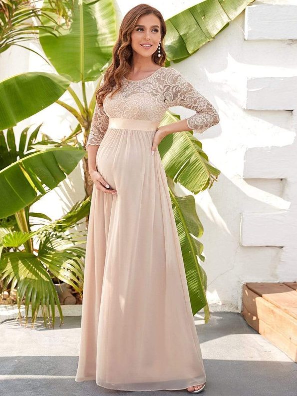 Sweetheart 3/4 Sleeve Floor-Length Lace Maternity Dress - Blush