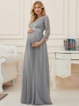 Sweetheart 3/4 Sleeve Floor-Length Lace Maternity Dress – Grey