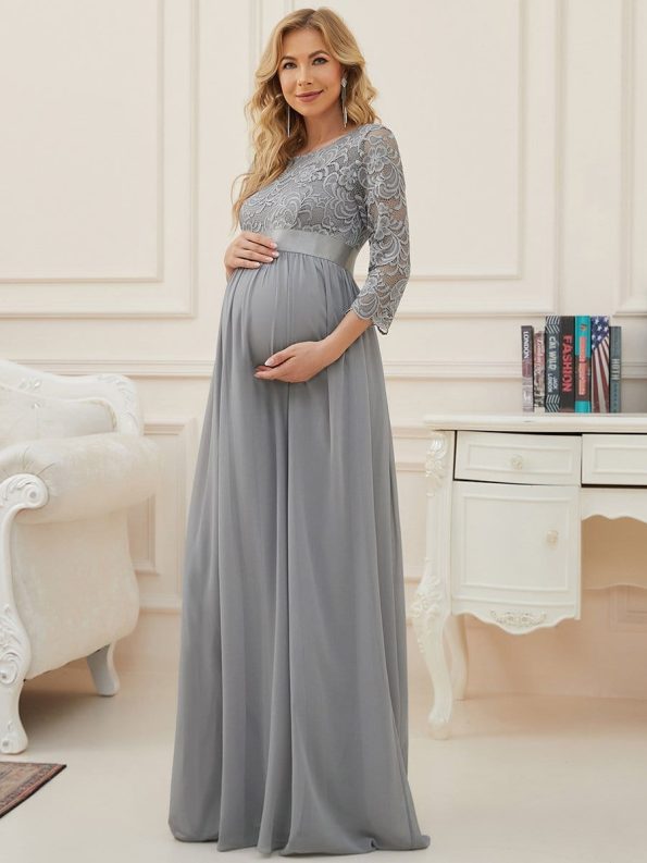 Sweetheart 3/4 Sleeve Floor-Length Lace Maternity Dress - Grey