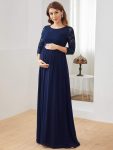 Sweetheart 3/4 Sleeve Floor-Length Lace Maternity Dress – Navy Blue