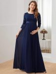 Sweetheart 3/4 Sleeve Floor-Length Lace Maternity Dress – Navy Blue