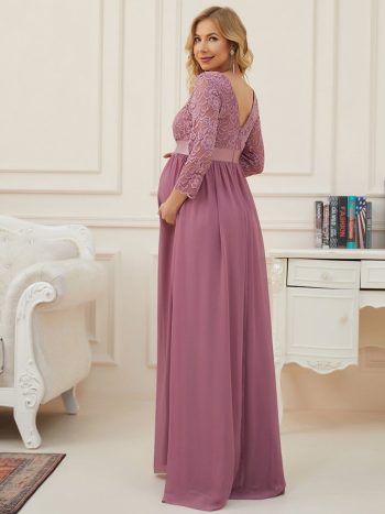 Sweetheart 3/4 Sleeve Floor-Length Lace Maternity Dress - Purple Orchid