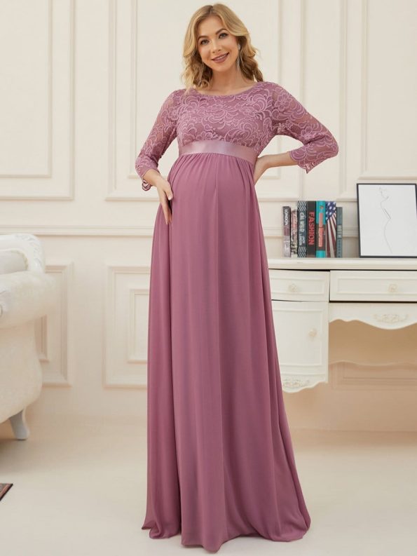 Sweetheart 3/4 Sleeve Floor-Length Lace Maternity Dress - Purple Orchid