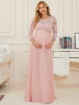 Sweetheart 3/4 Sleeve Floor-Length Lace Maternity Dress - Pink