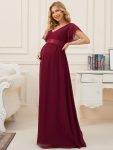 Floral Print V-Neck Short Sleeve Ruffle Maternity Dress – Burgundy