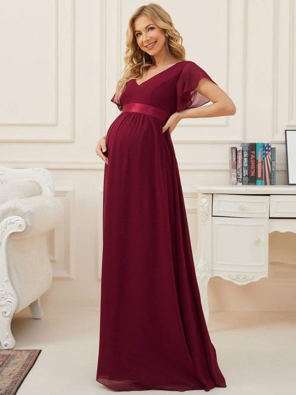 Floral Print V-Neck Short Sleeve Ruffle Maternity Dress - Burgundy