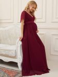 Floral Print V-Neck Short Sleeve Ruffle Maternity Dress – Burgundy