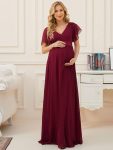 Floral Print V-Neck Short Sleeve Ruffle Maternity Dress - Burgundy