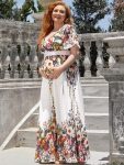 Plus Size Floral Print V-Neck Short Sleeve Ruffle Maternity Dress – Printed Cream