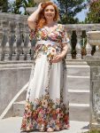 Plus Size Floral Print V-Neck Short Sleeve Ruffle Maternity Dress – Printed Cream