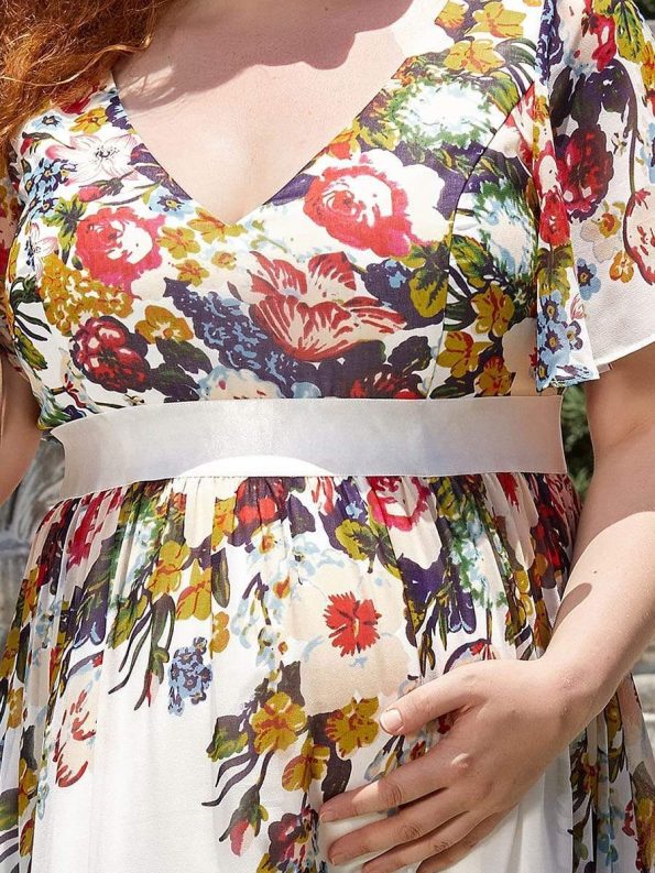 Plus Size Floral Print V-Neck Short Sleeve Ruffle Maternity Dress - Printed Cream