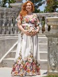 Plus Size Floral Print V-Neck Short Sleeve Ruffle Maternity Dress – Printed Cream