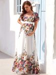 Floral Print V-Neck Short Sleeve Ruffle Maternity Dress – Printed Cream