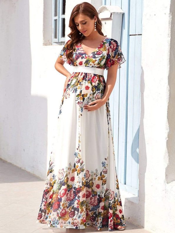 Floral Print V-Neck Short Sleeve Ruffle Maternity Dress - Printed Cream