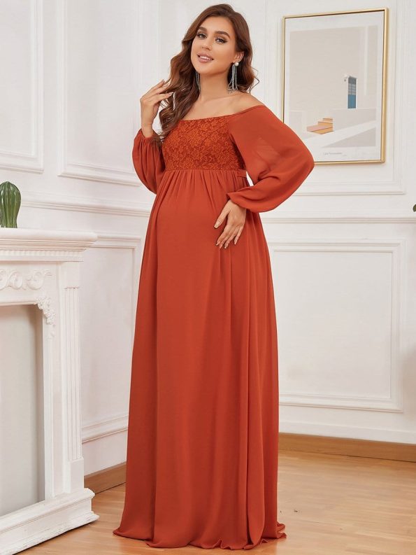 Off-Shoulder Sheer Lace Long Sleeve Maternity Dress - Burnt Orange