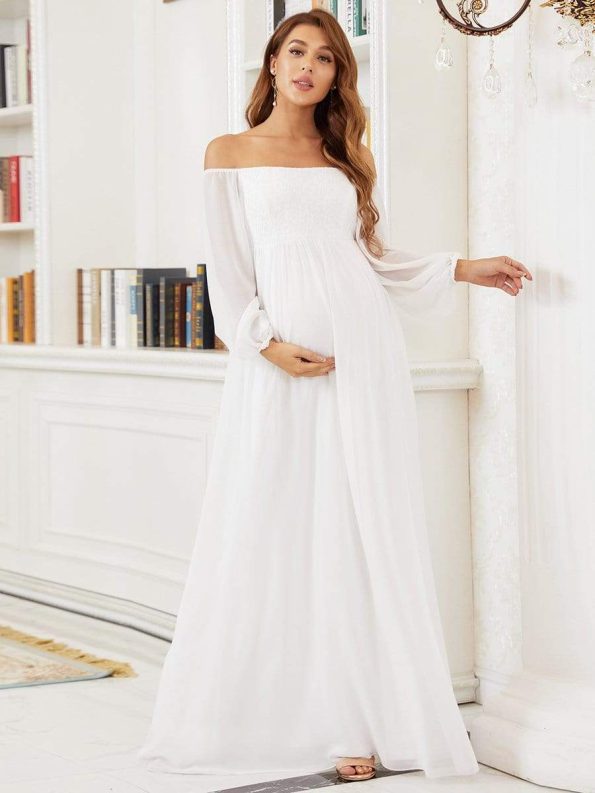 Off-Shoulder Sheer Lace Long Sleeve Maternity Dress - Cream