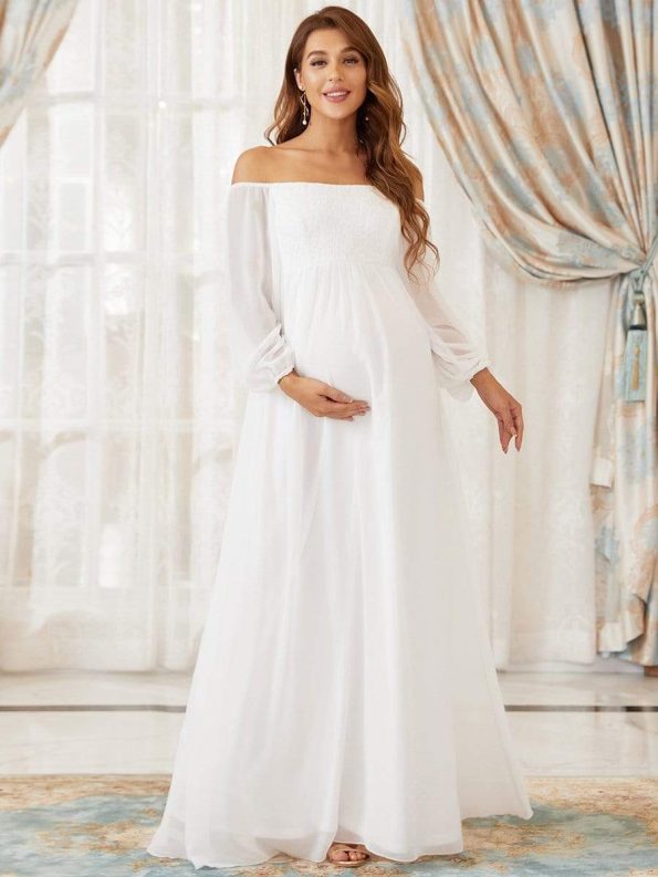 Off-Shoulder Sheer Lace Long Sleeve Maternity Dress - Cream