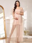 Sheer Ruffle Cold Shoulder Double Skirt Maternity Dress – Blush