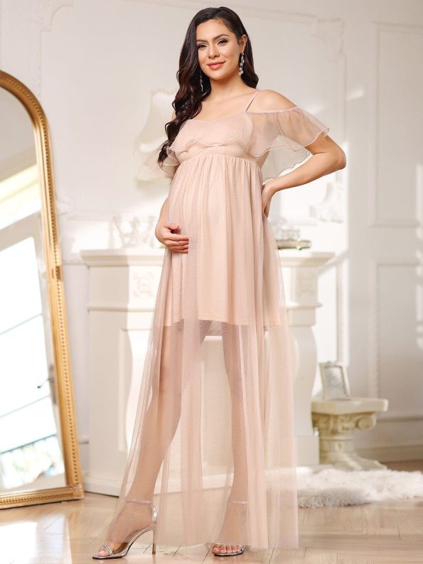 Sheer Ruffle Cold Shoulder Double Skirt Maternity Dress - Blush