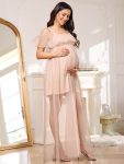 Sheer Ruffle Cold Shoulder Double Skirt Maternity Dress – Blush