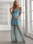 Sheer Ruffle Cold Shoulder Double Skirt Maternity Dress - Dusty Blue