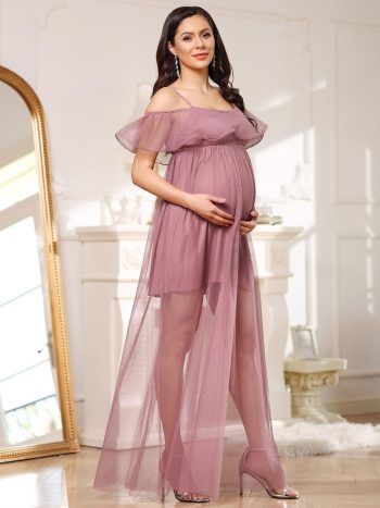 Sheer Ruffle Cold Shoulder Double Skirt Maternity Dress - Purple Orchid