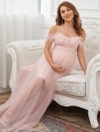 Feather Trim Cold Shoulder Double Skirt Maternity Dress – Pink