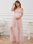 Feather Trim Cold Shoulder Double Skirt Maternity Dress – Pink