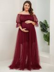 Plus Size Off-Shoulder Tulle Double Skirt Maxi Maternity Dress – Burgundy