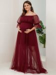 Plus Size Off-Shoulder Tulle Double Skirt Maxi Maternity Dress – Burgundy