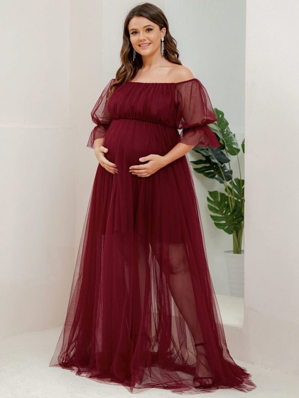 Plus Size Off-Shoulder Tulle Double Skirt Maxi Maternity Dress - Burgundy