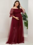 Plus Size Off-Shoulder Tulle Double Skirt Maxi Maternity Dress – Burgundy