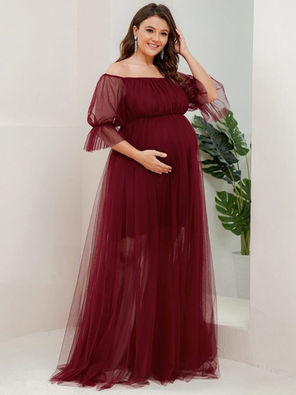 Plus Size Off-Shoulder Tulle Double Skirt Maxi Maternity Dress - Burgundy