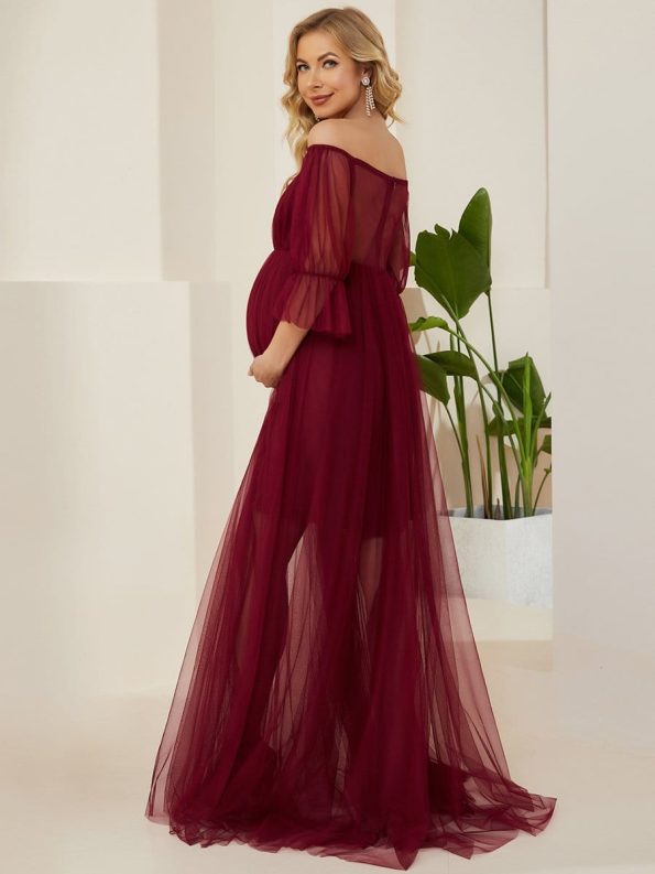 Sheer Off-Shoulder Double Skirt Maxi Maternity Dress - Burgundy