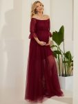 Sheer Off-Shoulder Double Skirt Maxi Maternity Dress – Burgundy