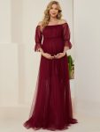 Sheer Off-Shoulder Double Skirt Maxi Maternity Dress – Burgundy